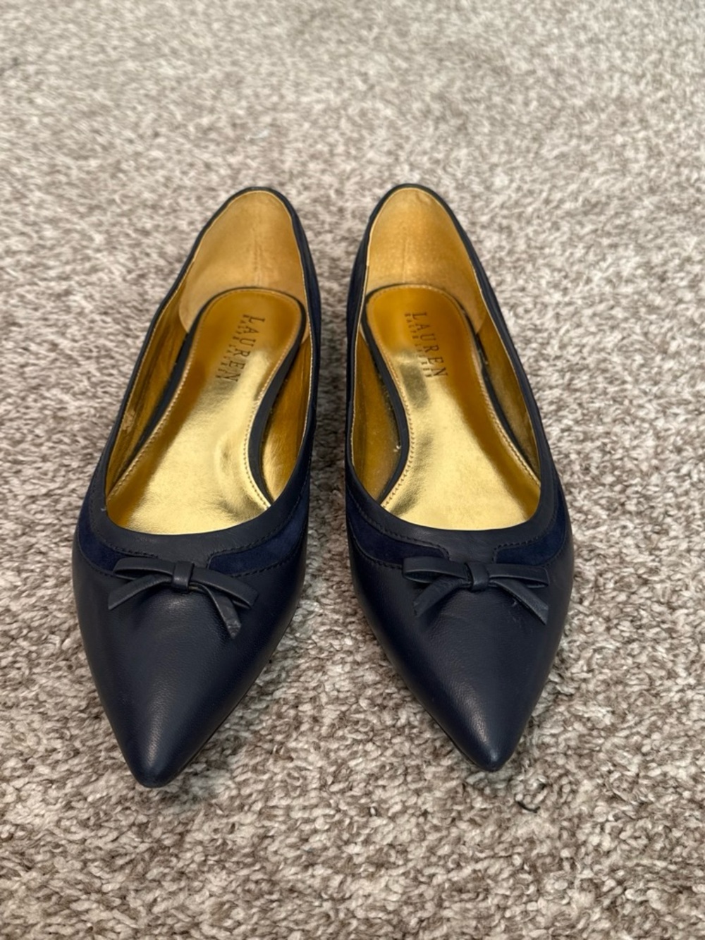 Lauren Ralph Lauren Navy Pointed-Toe Bow Ballet Flats with Gold Insole